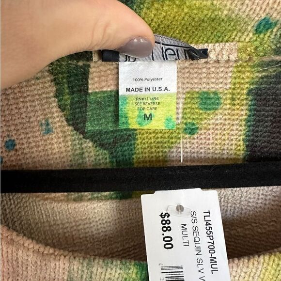 Top Ligne Tan & Red Watercolor Sequin Short Sleeve Knit Top - Picture 7 of 7